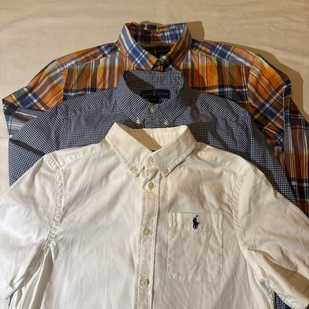 Ralph Lauren 3 Shirt Lot 2-L 14-16 SS White LS Gingham 1-XL 18-20 LS Plaid